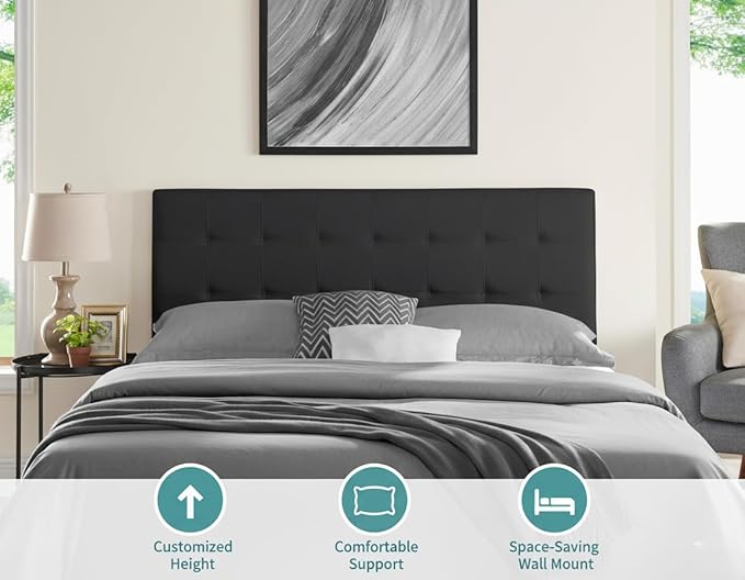 Naomi Home Jessenia Queen Headboard – Adjustable Linen Upholstered Tufted Panel, Soft Padded Surface, Wall-Mount/Bed Frame Mount – Dark Gray