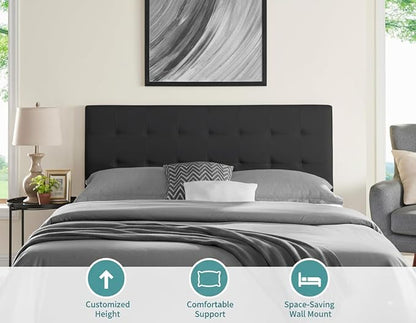Naomi Home Jessenia Queen Headboard – Adjustable Linen Upholstered Tufted Panel, Soft Padded Surface, Wall-Mount/Bed Frame Mount – Dark Gray