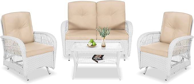 VIVIJASON 4-Piece Outdoor Patio White Wicker Conversation Sets, All Weather Rattan Furniture Set Includes Glider Loveseat, Coffee Table, 2 Glider Rocker Chairs w/Cushion for Lawn Balcony, Beige