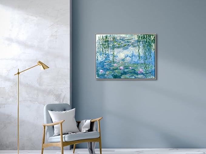 Wieco Art Large Framed Wall Art Water Lilies by Claude Monet Canvas Print Paintings Reproduction Modern Canvas Wall Art for Living Room Decoration Abstract Artwork Silver Frame