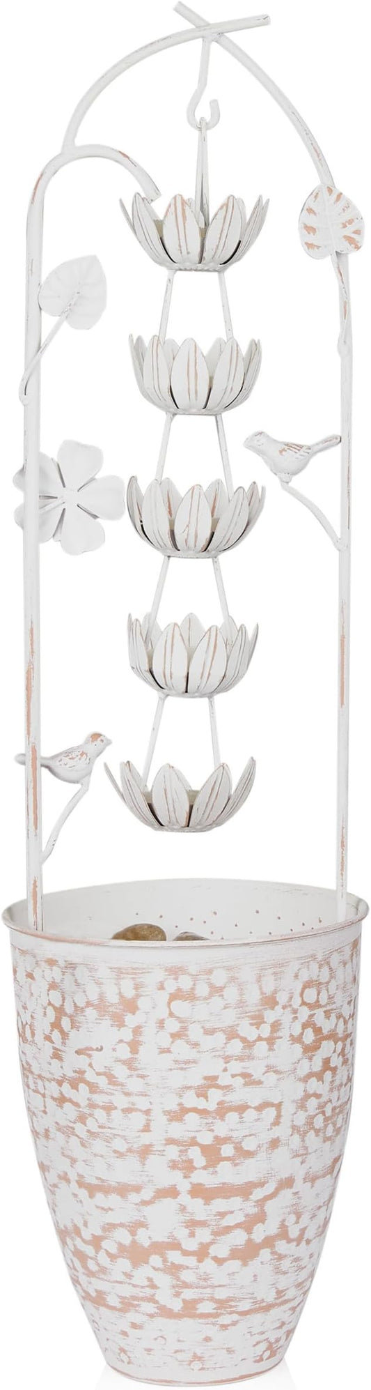 Alpine Corporation YHL866 30"" Metal Rustic Water Fountain with Decorative Flower – Cascading Waterfall Feature for Gardens, Patios, and Outdoor Décor, White