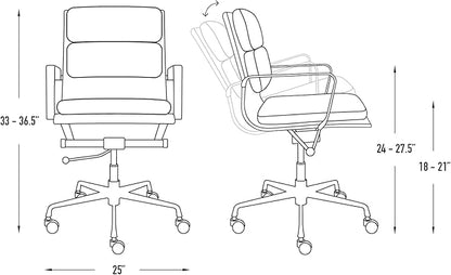 Laura Davidson Furniture SOHO II Padded Management Office Chair - Mid Back Desk Chair with Arm Rest, Swivel & Cushion Availability, Made of Faux Leather, Dark Grey, Computer Chair