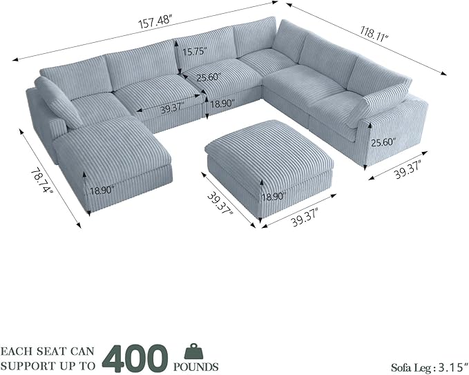 Cloud Modular Sectional Sofa, 8 Seater Oversized Sectional Couch, 157.4" U-Shaped Convertible Couches with 2 Ottomans, Deep Couches for Living Room, Washable & Replaceable Covers, Gray
