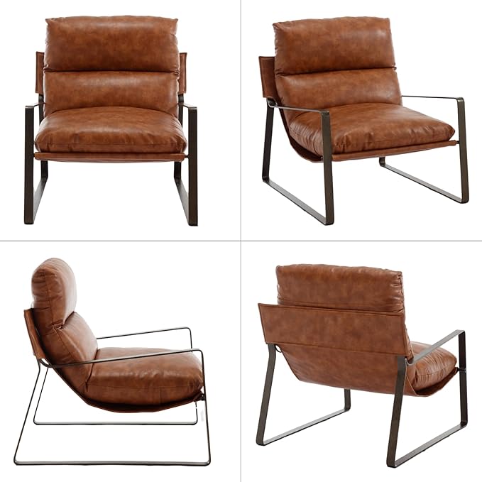 Mid-Century Accent Chair Set of 2, Comfy PU Leather Side Chair with Armrest, Upholstered Leisure Chair with Bronze Metal Frame for Living Room Reception Room, Brown
