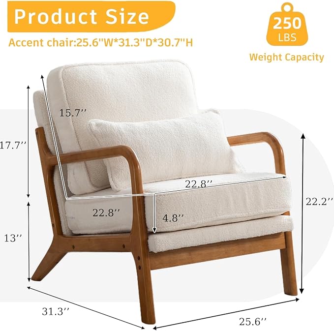 Mid-Century Accent Chair Set of 2,Sherpa Fabric Lounge Chair with Wide Armrest,Sherpa Fabric Armchair with Lumbar Pillow & Solid Wood Frame for Living Room, Bedroom, Balcony(White)