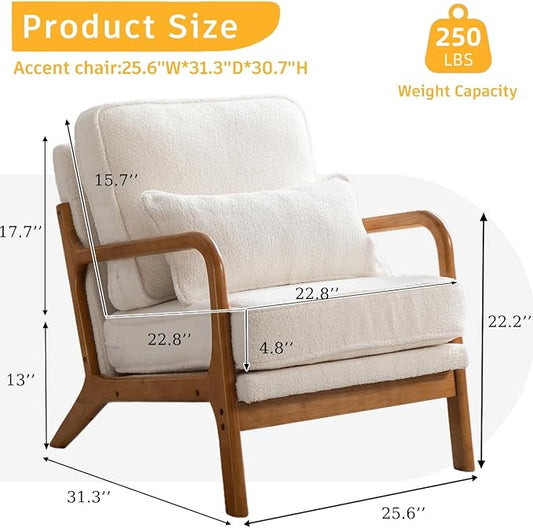 Mid-Century Accent Chair Set of 2,Sherpa Fabric Lounge Chair with Wide Armrest,Sherpa Fabric Armchair with Lumbar Pillow & Solid Wood Frame for Living Room, Bedroom, Balcony(White)