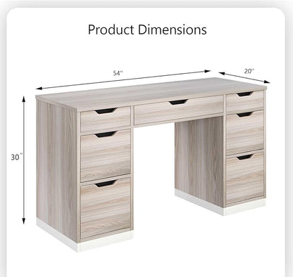 Computer Desk with Storage Drawers, 54 Inch Executive Desk with 7 Drawers for Bedroom, Office Desk with File Drawers for Work Study Writing, Small Spaces, White and Walnut