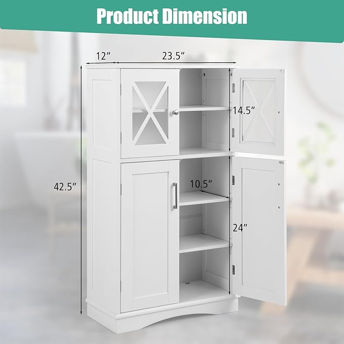 Giantex Bathroom Floor Storage Cabinet - Linen Floor Cabinet with Doors and Adjustable Shelves, Freestanding Side Storage Organizer for Bathroom, Living Room, Entryway, Kitchen Storage Unit (White)