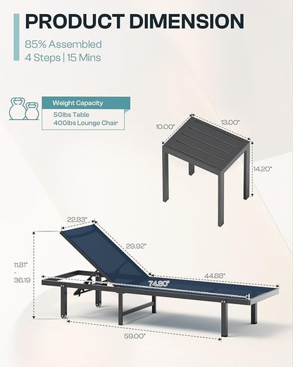 Pool Lounge Chairs, Chaise Lounge Outdoor with Wheels and 5-Position Recliner -Easy to Move- Aluminum Patio Lounge Chair for Poolside, Deck (Navyblue)