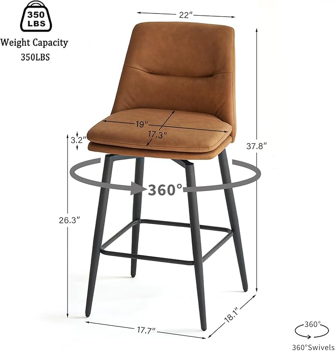 Brown Counter Height Bar Stools Set of 3, 26 Inch Seat Height with Back and Metal Legs, 360° Swivel Upholstered Faux Leather Swivel Bar Stools
