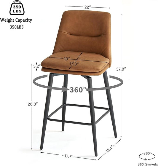 Brown Counter Height Bar Stools Set of 2, 26 Inch Seat Height with Back and Metal Legs, 360° Swivel Upholstered Faux Leather Swivel Bar Stools
