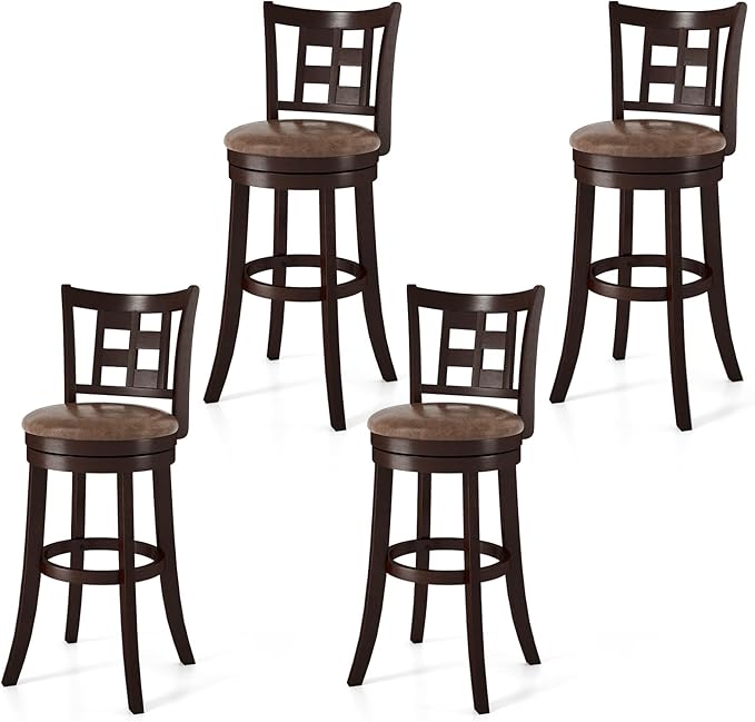 COSTWAY Set of 4 Bar Stools, 30” Swivel Bar Chairs with Footrest, Rubber Wood Frame & Lattice Backrest, Leathaire Bar Height Stools for Kitchen Island (4, 30”)