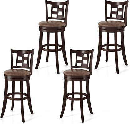COSTWAY Set of 4 Bar Stools, 30” Swivel Bar Chairs with Footrest, Rubber Wood Frame & Lattice Backrest, Leathaire Bar Height Stools for Kitchen Island (4, 30”)