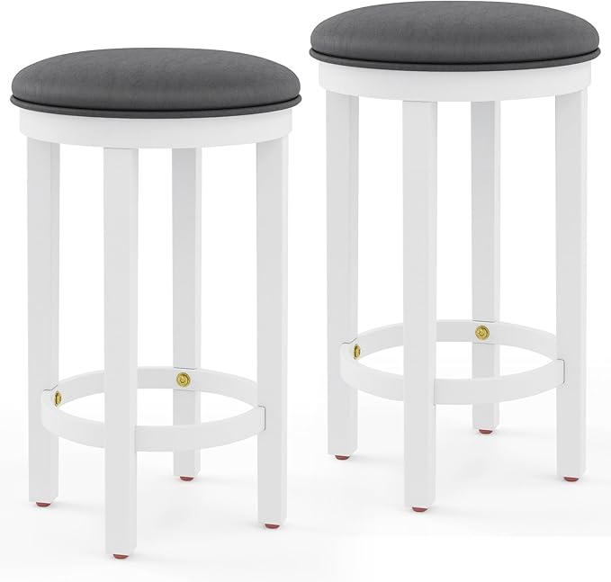 COSTWAY Upholstered Bar Stools Set of 2, 25” Counter Height Bar Chairs with Padded Cushion & Wooden Frame, Faux Leather Backless Stools for Kitchen, Dining Room, Pub, White + Grey