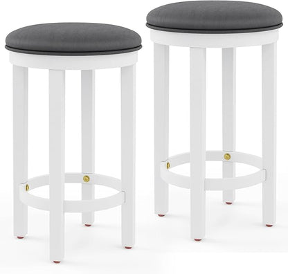 COSTWAY Upholstered Bar Stools Set of 2, 25” Counter Height Bar Chairs with Padded Cushion & Wooden Frame, Faux Leather Backless Stools for Kitchen, Dining Room, Pub, White + Grey