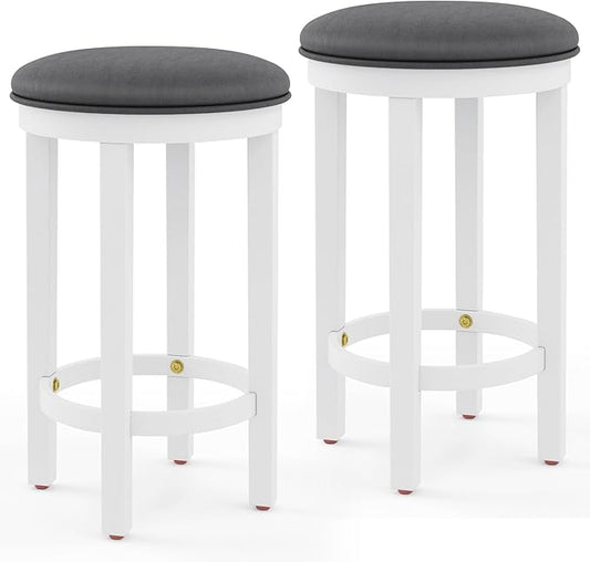 COSTWAY Upholstered Bar Stools Set of 2, 25” Counter Height Bar Chairs with Padded Cushion & Wooden Frame, Faux Leather Backless Stools for Kitchen, Dining Room, Pub, White + Grey