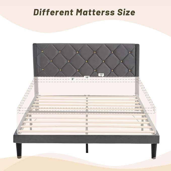 Queen Size Platform Bed Frame with Velvet Upholstered Headboard and Sturdy Wooden Slats Support,Mattress Foundation，Easy Assembly, No Box Spring Needed,Slip Resistant (Grey, Queen)