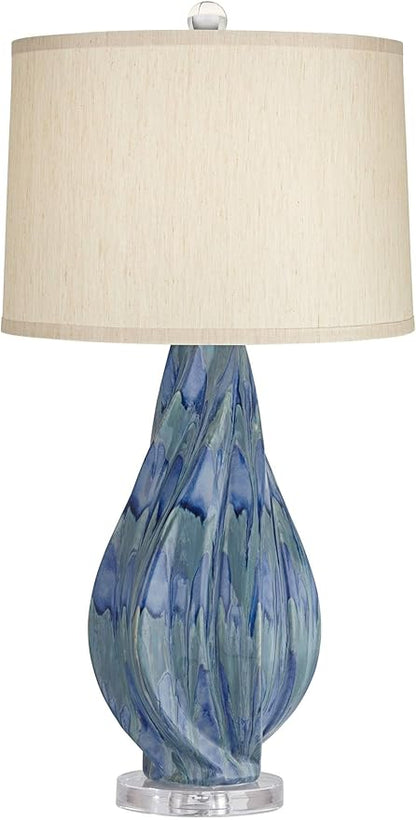Possini Euro Design Teresa Modern Style 3-Way Table Lamp with Table Top Dimmer 31" Tall Teal Blue Ceramic Beige Fabric Drum Shade for Living Room Bedroom House Bedside Home Entryway (Color