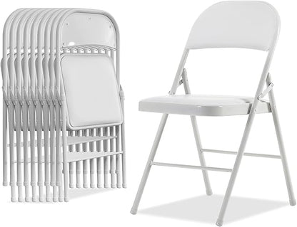 10 Pack White Folding Chairs with Padded Seats, Portable Stackable Foldable Chairs for Indoor and Outdoor, Commercial Seat with Metal Frame for Events Office Wedding Party, 330lbs Capacity