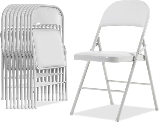 10 Pack White Folding Chairs with Padded Seats, Portable Stackable Foldable Chairs for Indoor and Outdoor, Commercial Seat with Metal Frame for Events Office Wedding Party, 330lbs Capacity