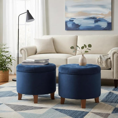 Homepop Home Decor | Upholstered Round Velvet Tufted Foot Rest Ottoman | Ottoman with Storage for Living Room & Bedroom | Decorative Home Furniture, Navy