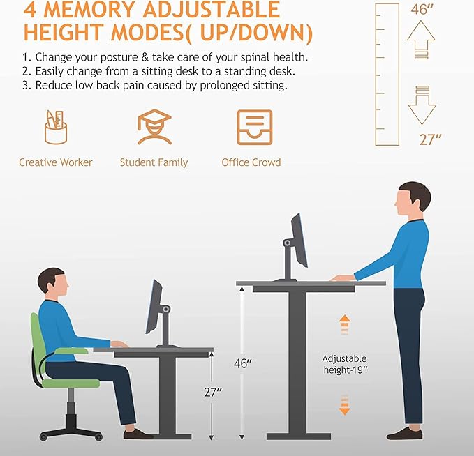 Electric Adjustable Standing Desk with Wheels, 63'' x 24''Sit Stand Desk with Dual Crossbeam Structure and Mouse Pad, 27''-46'' Lifting Range Table with Ergonomic Arc Desktop (Black Arc)