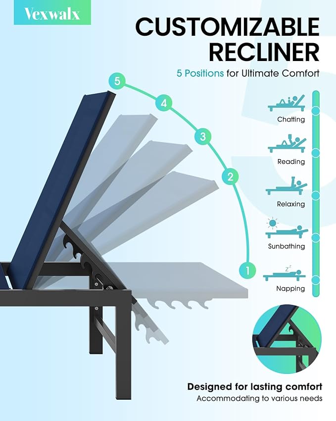 Outdoor Lounge Chairs for Pool, Aluminum Chaise Lounge Chairs with 5-Position Recliner, Patio Lounge Chair for Backyard, Poolside, Deck, Lawn, Navy Blue