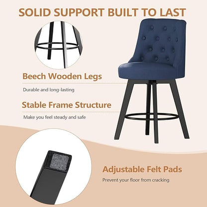 MINCETA Set of 4 Upholstered Bar Stools - 26 Inch Swivel Counter Height Stools with Low Tufted Back, Footrest & Performance Fabric - Round Seat for Kitchen Island & Home Bar Blue