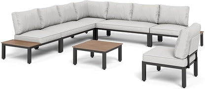 PHI VILLA 7 Pieces Outdoor Patio Furniture Set,Metal Frame Modern Outdoor Sectional Sofa Set,8 Seats Patio Conversation Sets with Coffee Table&Thickened Cushion,for Poolside and Backyard,Light Grey