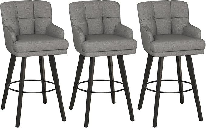 360°Swivel Counter Height Bar Stools with Back, 30 inch Solid Wood Legs, Bar Stool Modern Kitchen Island Chairs, Fabric (Mid-Grey- Fabric, 30" H- Set of 3)