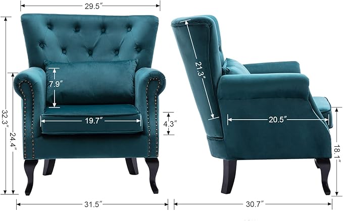 chairus Mid-Century Modern Accent Chairs Set of 2, Comfy Tufted Single Sofa Chair Wingback Armchair with Pillow for Club, Living Room, Bedroom - Velvet, Teal