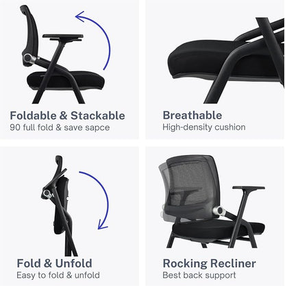 4 Pack Foldable Office Chairs with Wheels, Mesh Back, Arms and Portable - Folding Office Chairs for Conference Room Chair, Office Guest & Reception & Meeting Chair - (Black) 300 lbs.