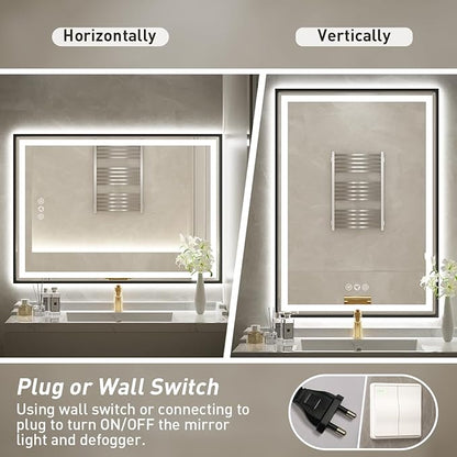 24x32 Inch LED Bathroom Mirror with Lights, Frontlit & Backlit Black Metal Frame Mirror, Wall Mounted Lighted Vanity Mirrors, Double Lights Strips,Anti Fog Dimmable & 3 Colors Temperature