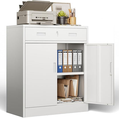 BESFUR 36" H Metal Cabinet with Lockable Drawer and 2 Lockable Doors, White Locking Cabinet with Adjustable Shelf, Lockable Storage Cabinet for Home Office, Garage,School, Warehouse, Utility Room