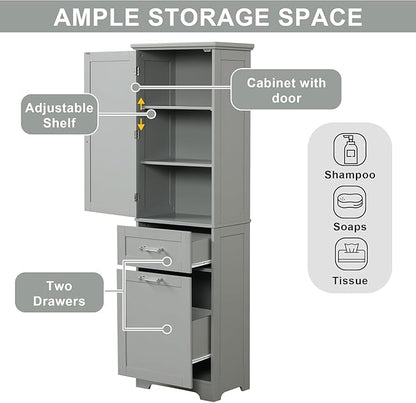 Tall Bathroom Storage Cabinet, Freestanding Storage Cabinet with 1 Door, 2 Different Size Drawers for Bathroom Living Room (Grey)