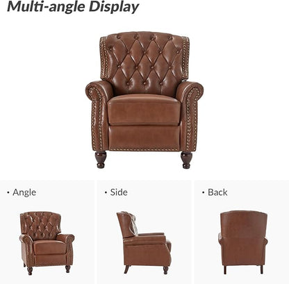 HULALA HOME Genuine Leather Recliner Chair with Solid Wood Feet, Modern Adjustable Tufted Push Back Arm Chair w/Rivet Decoration, Home Theater Seating Single Reclining Sofa for Living Room, Brown