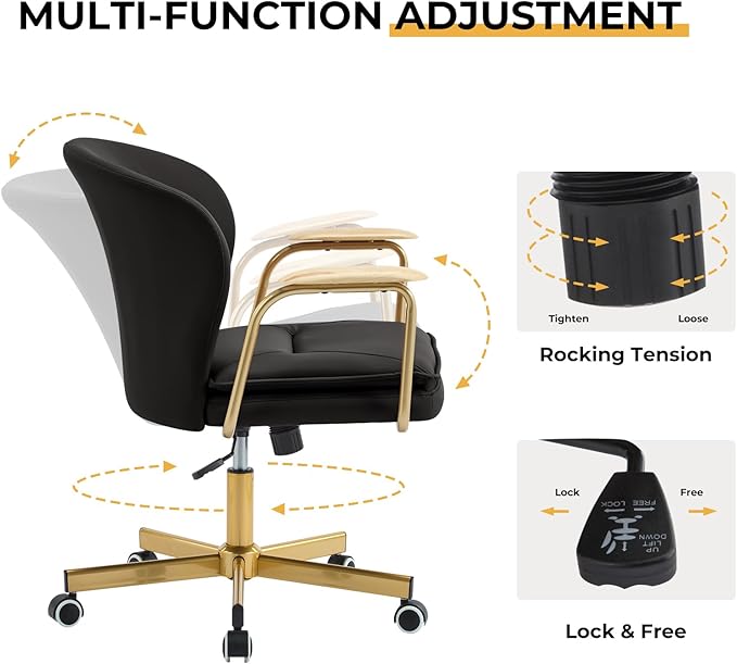 Furniliving Leather Office Chairs,Gold Office Chair, Adjustable Swivel Computer Chair with Golden Legs and Wooden Padded Armrest, Modern Upholstered Task Chair with Wheels,Black