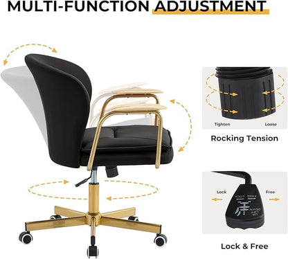 Furniliving Leather Office Chairs,Gold Office Chair, Adjustable Swivel Computer Chair with Golden Legs and Wooden Padded Armrest, Modern Upholstered Task Chair with Wheels,Black