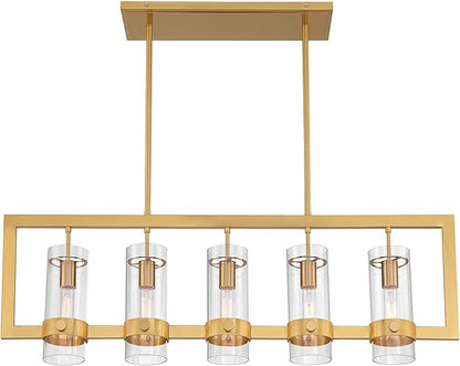 Possini Euro Design Camden Brass Island Linear Pendant Chandelier 42" Wide Modern Open Rectangle Frame Clear Glass Tube Shades 5-Light Fixture for Dining Room House Foyer Kitchen Entryway Bedroom