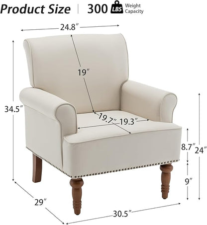 HOMEFLEX Accent Chair, Faux Leather Living Room Chairs with Nailhead Trim, Mid-Century Lounge Armchair with Solid Wood Legs, Comfy Reading Single Sofa for Bedroom, Waiting Room (White, 1 Chair)