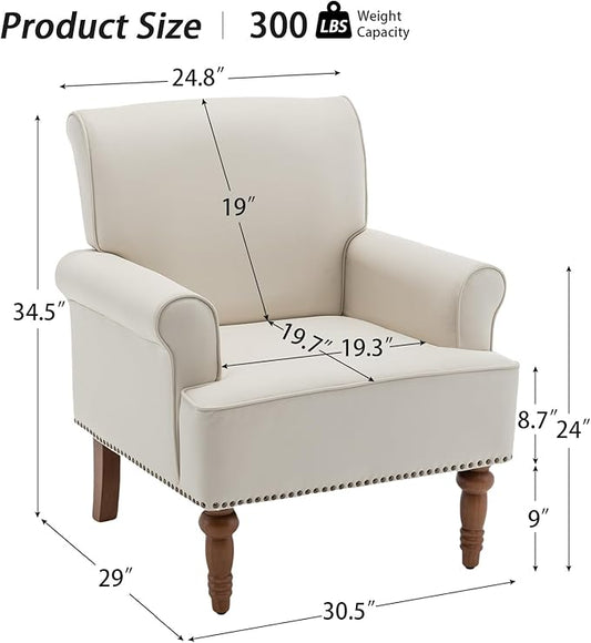 HOMEFLEX Accent Chair, Faux Leather Living Room Chairs with Nailhead Trim, Mid-Century Lounge Armchair with Solid Wood Legs, Comfy Reading Single Sofa for Bedroom, Waiting Room (White, 1 Chair)
