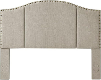24KF Middle Century Linen Upholstered Tufted Queen Size Headboard with Antique Brass Nail Heads Trim Queen/Full headboard-Linen