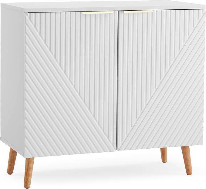 Modern Buffet Cabinet, Fluted Sideboard Buffet Cabinet with Storage, Wood Accent Table with Adjustable Shelf for Living Room, Entryway, White