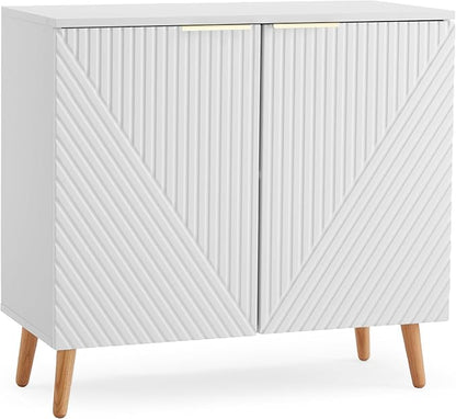 Modern Buffet Cabinet, Fluted Sideboard Buffet Cabinet with Storage, Wood Accent Table with Adjustable Shelf for Living Room, Entryway, White