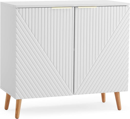 Modern Buffet Cabinet, Fluted Sideboard Buffet Cabinet with Storage, Wood Accent Table with Adjustable Shelf for Living Room, Entryway, White