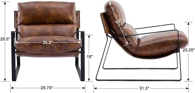 Mid-Century Accent Chair Set of 2, Comfy PU Leather Side Chair with Armrest, Upholstered Leisure Chair with Black Metal Frame for Living Room Bedroom Reception Room, Brown