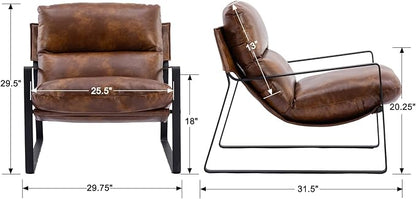 Mid-Century Accent Chair Set of 2, Comfy PU Leather Side Chair with Armrest, Upholstered Leisure Chair with Black Metal Frame for Living Room Bedroom Reception Room, Brown