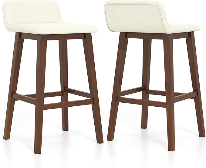 COSTWAY Wooden Bar Stools Set of 2, 29-inch Height Upholstered Padded Seat, Low Backrest, Footrest, Rubber Wood Legs, Armless Bar Chairs for Kitchen Counter Island, Dining Room, Brown+Beige