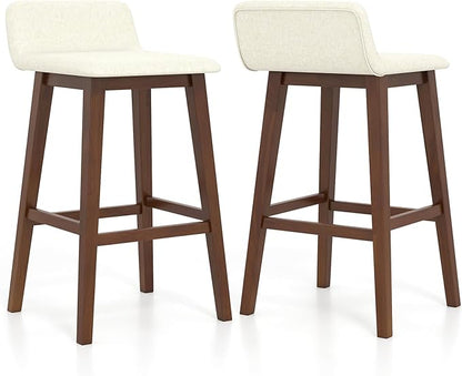 COSTWAY Wooden Bar Stools Set of 2, 29-inch Height Upholstered Padded Seat, Low Backrest, Footrest, Rubber Wood Legs, Armless Bar Chairs for Kitchen Counter Island, Dining Room, Brown+Beige