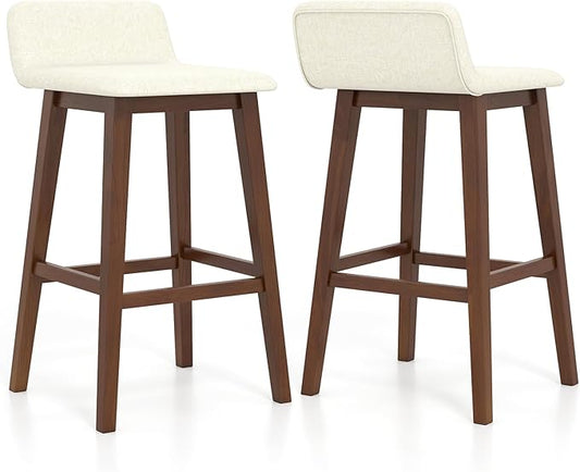 COSTWAY Wooden Bar Stools Set of 2, 29-inch Height Upholstered Padded Seat, Low Backrest, Footrest, Rubber Wood Legs, Armless Bar Chairs for Kitchen Counter Island, Dining Room, Brown+Beige
